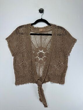 Crochet Tie Front Bolero Cardigan Metallic Beige Open Knit Shrug Boho Festival